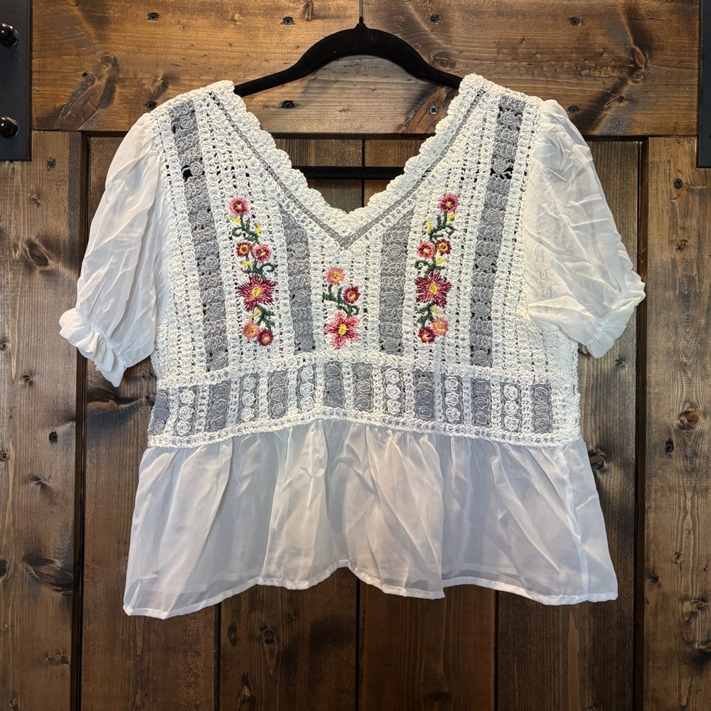 White and Gray Embroidered Blouse